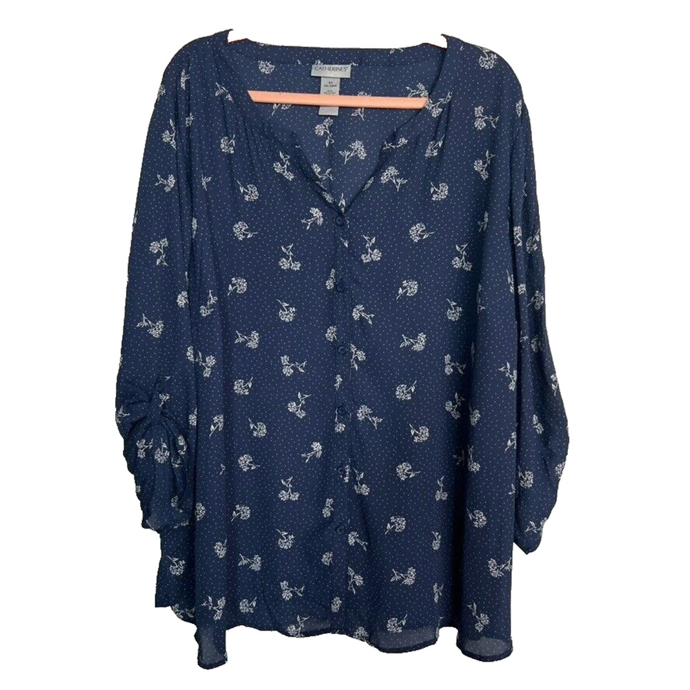 Catherines Blouse Tunic Top Blue White Polka Dot Flower Button Down Semi Sheer